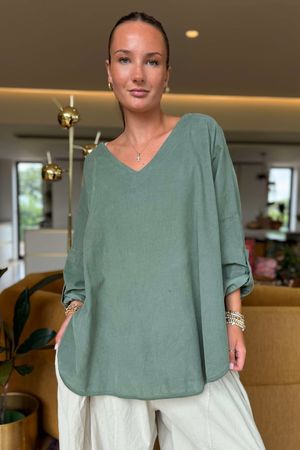 Made in Italy Cooper Needlecord Scoop Dip Back Top Soft Khaki